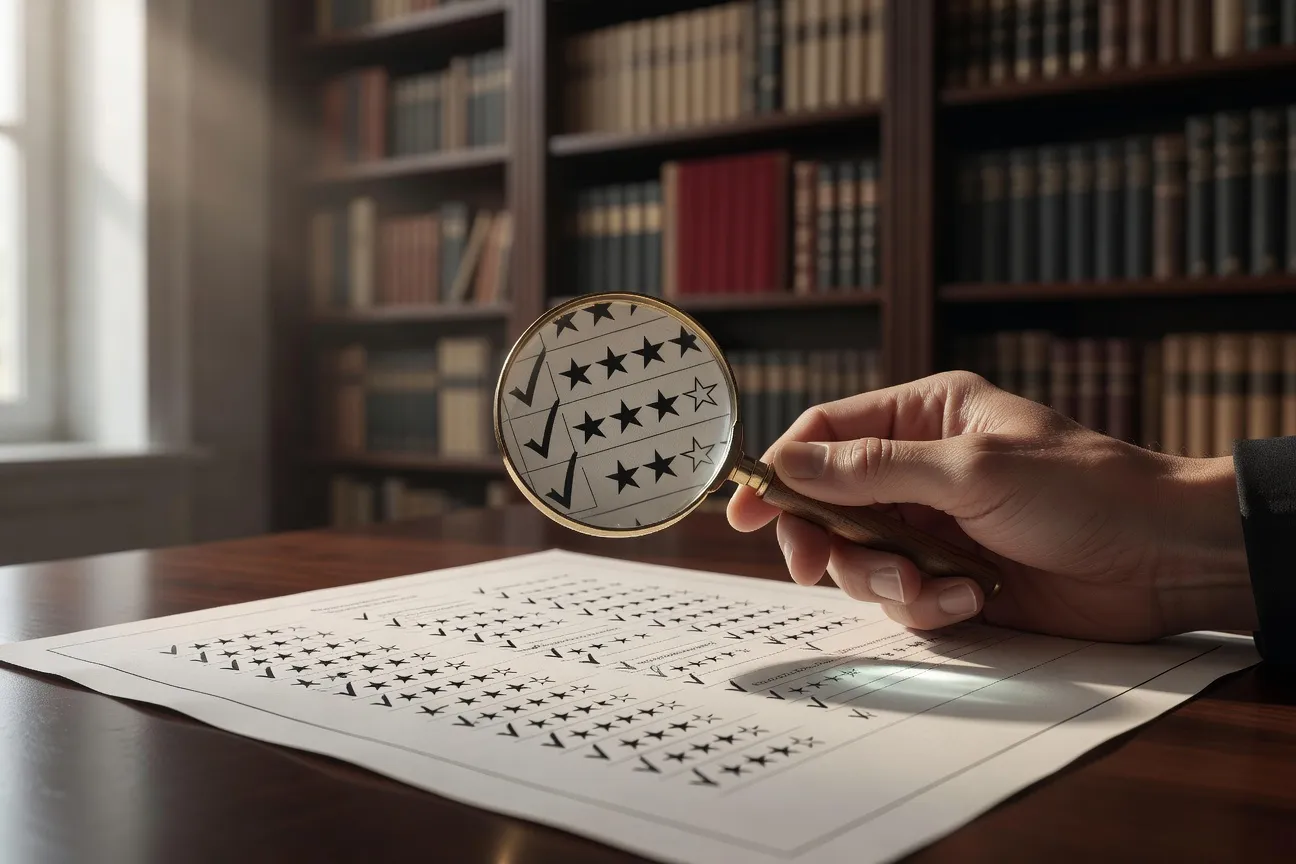 Personne en train de comparer plusieurs avis et fiches de sites de rencontre sur un grand écran, table en bois et carnet de notes ouvert