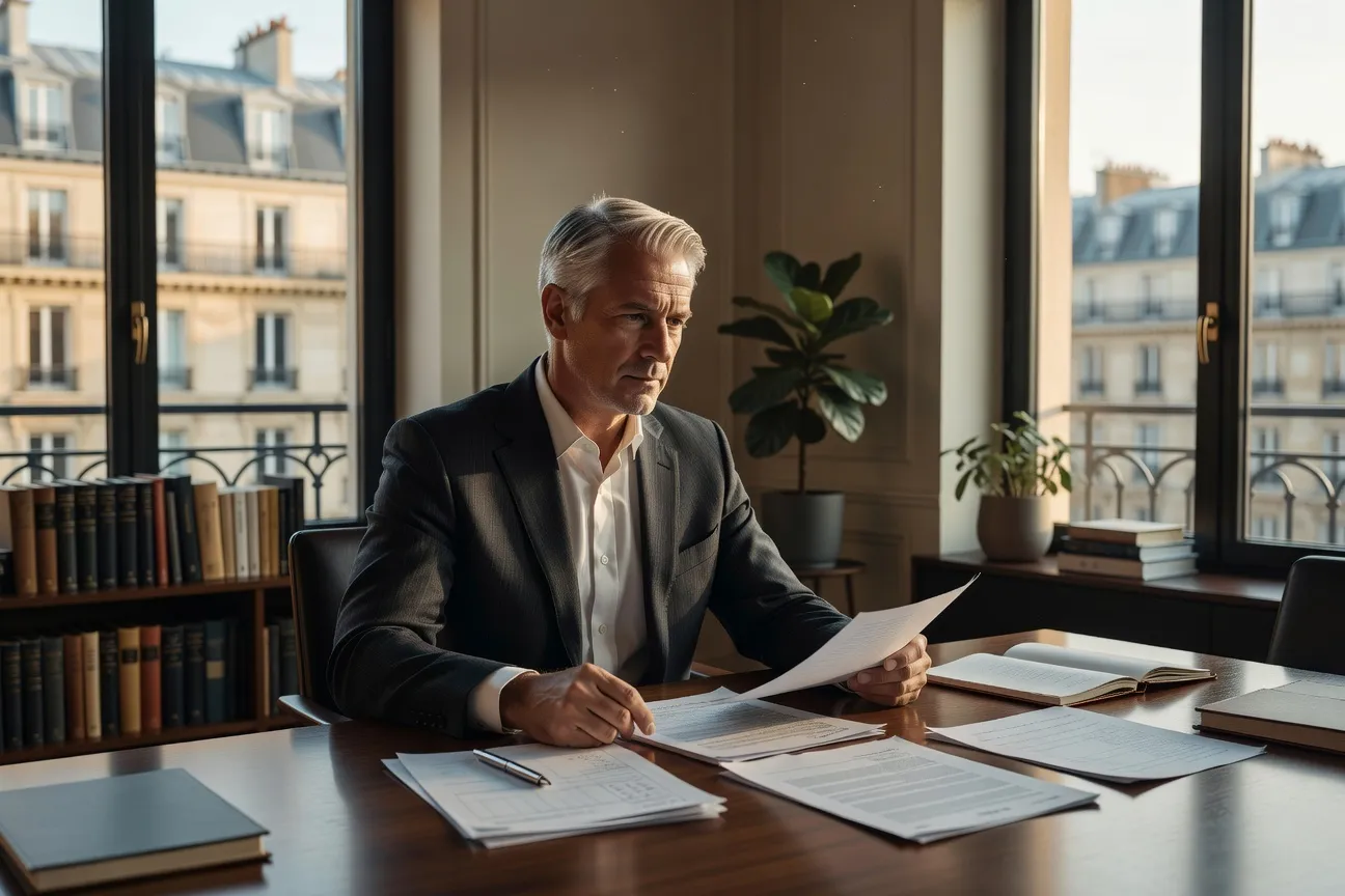 Personne consultant un contrat de service détaillé sur une table, calculatrice et calendrier en arrière-plan, ambiance bureau professionnel