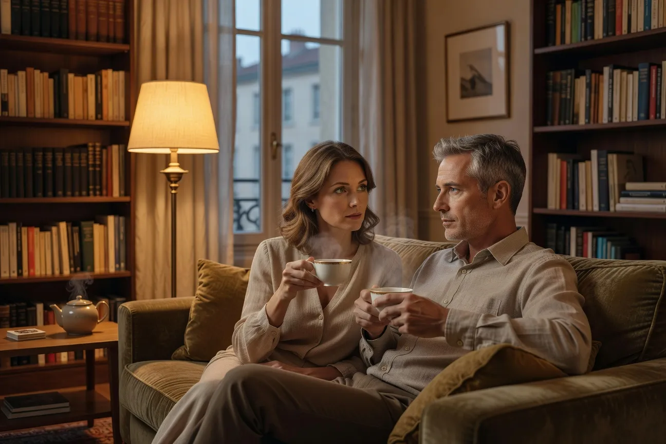 Couple interculturel franco-slave en discussion détendue, lumière naturelle dans un appartement parisien