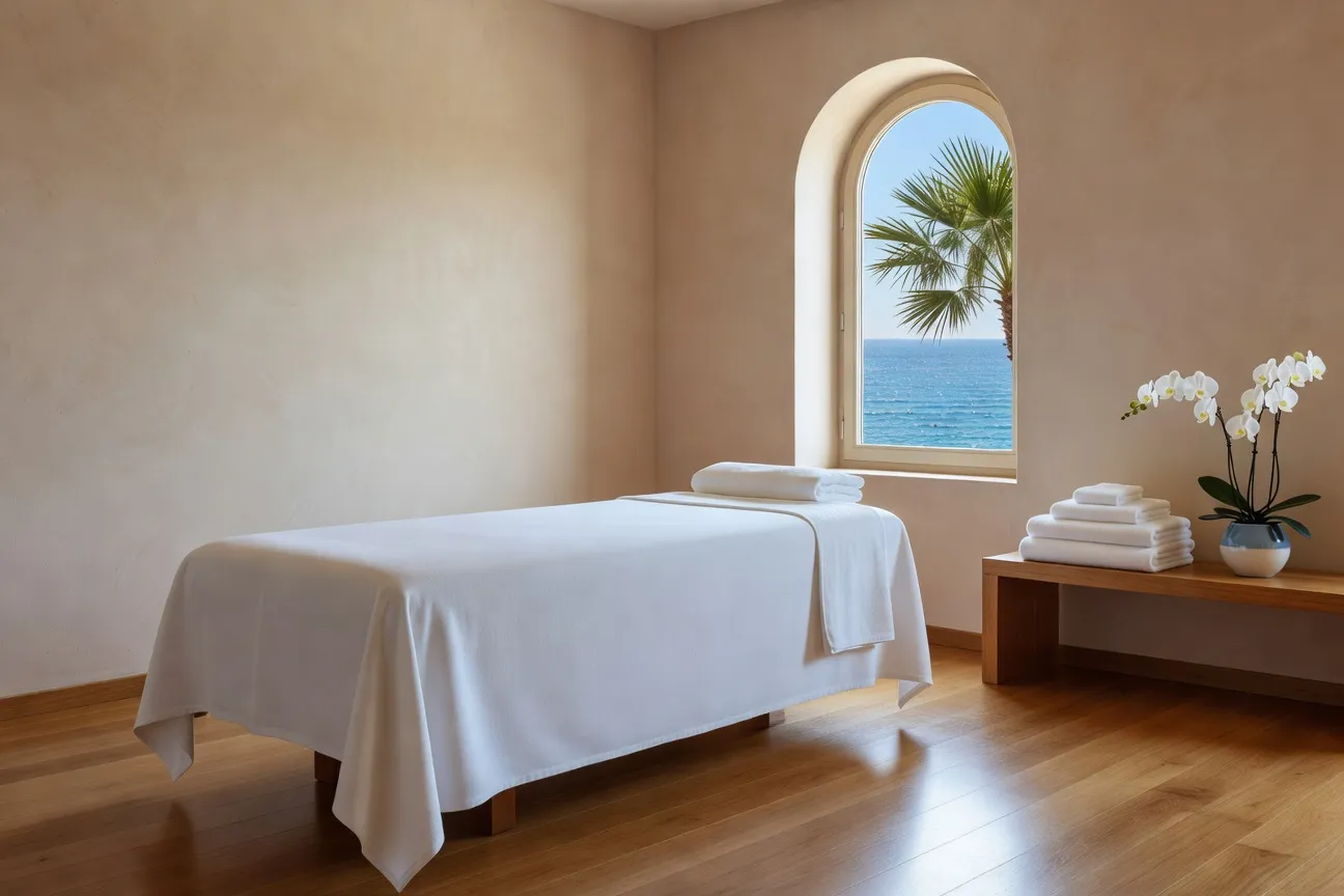Espace de réception zen dans un salon de massage à Nice avec fauteuils en rotin, plantes vertes, lumière naturelle traversant des voilages clairs